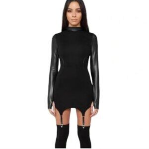 NWT Maniere De Voir vegan leather suspender dress - black